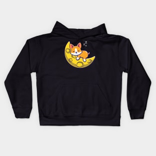 Cute Corgi Dog Sleeping On The Moon Cartoon Kids Hoodie